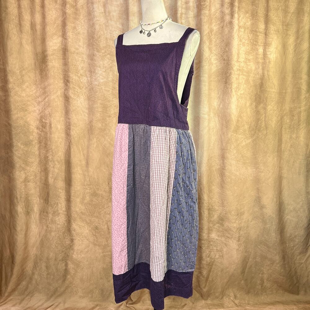 Vintage Patchwork Apron Dress 90s Handmade Maxi Purple Sleeveless Boho Peasant